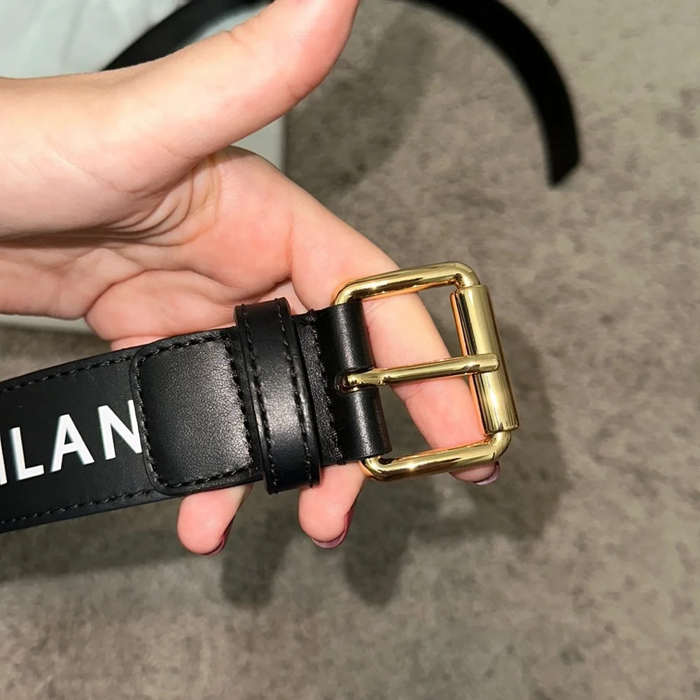 Moschino Black Belt with White Logo and Gold Buckle